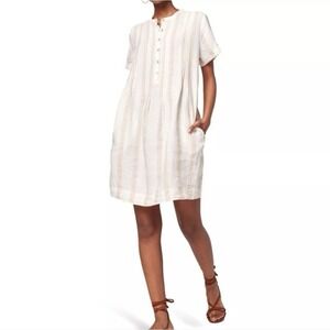 Faherty Gemina Dress Womens Medium‎ Beige Stripe Pleated 100% Linen Shift Beach